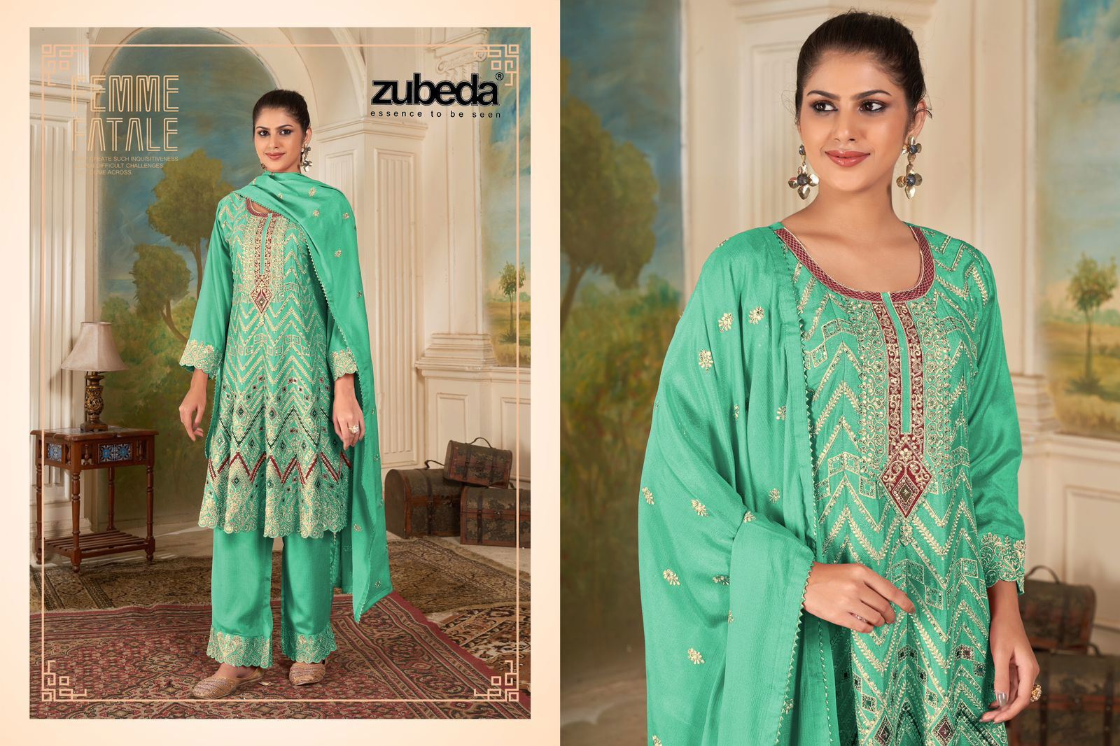 Zubeda Mayuri Embroidery Chinon Silk Wedding Readymade Suits Wholesale Online